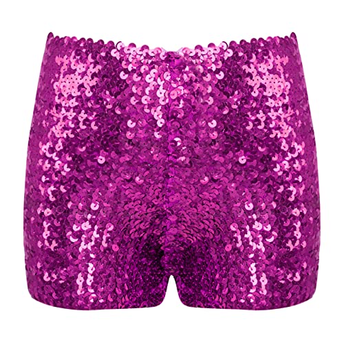 Runhomal Kinder Pailletten Glitzer Shorts Tanzshorts Glänzende Hotpants Kurze Hose Jogginghose Jungen Mädchen Sport Yoga Shorts Tanz Kostüm Clubwear Hot Rosa 152-176 von Runhomal