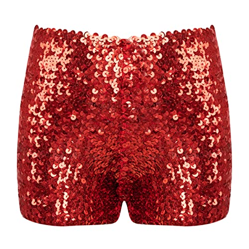 Runhomal Kinder Pailletten Glitzer Shorts Tanzshorts Glänzende Hotpants Kurze Hose Jogginghose Jungen Mädchen Sport Yoga Shorts Tanz Kostüm Clubwear Rot 152-176 von Runhomal