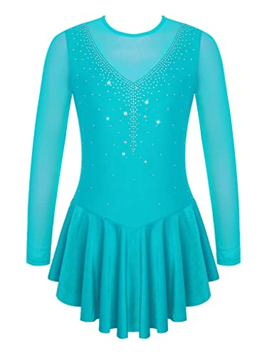 Runhomal Mädchen Ballettanzug Ballettkleid Langarm Eiskunstlauf-Kleid Tanzkleid mit Strass Ballett Trikotbody Ballerina Skater Kleider Ballettkleidung Gymnastikanzug Grün 140 von Runhomal