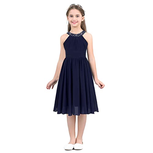 Runhomal Mädchen Chiffon Blumenmädchenkleider Partykleid Sommer Prinzessin Kleid Brautjungfer Festlich A-Linie Kommunionkleider für Kinder 3-16 Jahr Dunkelblau 122-128 von Runhomal