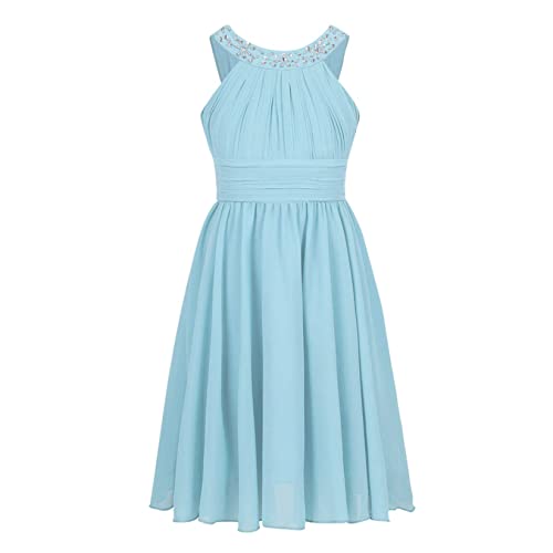 Runhomal Mädchen Chiffon Blumenmädchenkleider Partykleid Sommer Prinzessin Kleid Brautjungfer Festlich A-Linie Kommunionkleider für Kinder 3-16 Jahr Hellblau 146-152 von Runhomal