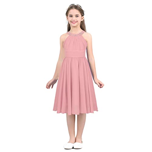 Runhomal Mädchen Chiffon Blumenmädchenkleider Partykleid Sommer Prinzessin Kleid Brautjungfer Festlich A-Linie Kommunionkleider für Kinder 3-16 Jahr Rosa 134-140 von Runhomal