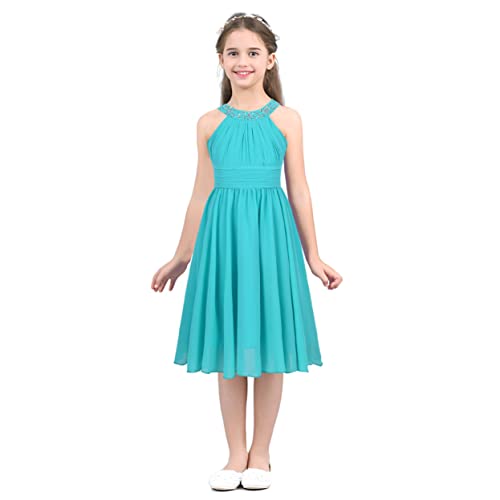 Runhomal Mädchen Chiffon Blumenmädchenkleider Partykleid Sommer Prinzessin Kleid Brautjungfer Festlich A-Linie Kommunionkleider für Kinder 3-16 Jahr Türkis 134-140 von Runhomal