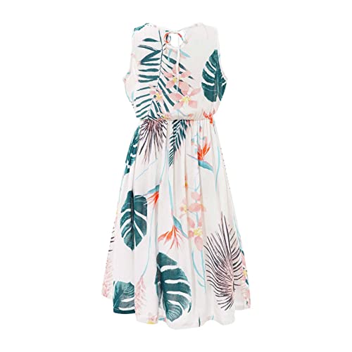 Runhomal Mädchen Freizeitkleid Blumenkleid Ärmellos Sommerkleid A-Linie Kleider Boho Strandkleider Hohe Taille Prinzessin Kleid Swing Rock Strand Floral Kleid Weiß 158-164 von Runhomal