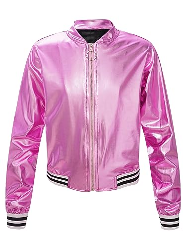 Runhomal Mädchen Glitzer Jacke Bolero Disco Blazer Bolerojacke mit Reißverschluss Bronzing Shrug Top Bomberjacke Bikerjacke Oberbekleidung Rosa A 134-140 von Runhomal