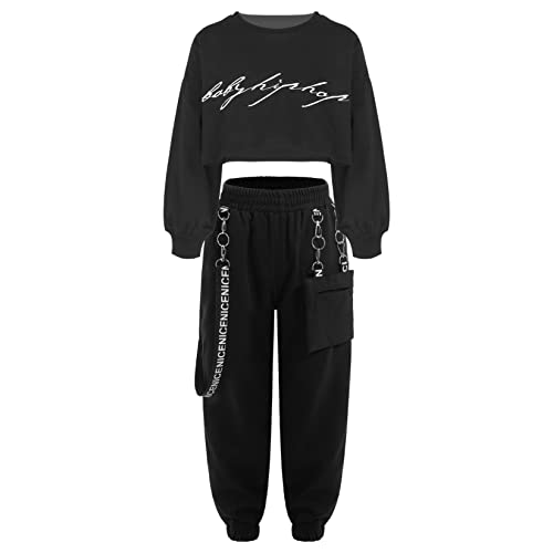 Runhomal Mädchen Hip Hop Kleidung Set 2-teiliges Crop Top Langarm Sweatshirt + Jazzpants Trainingsanzug Jogginganzug Coolgirls Dancewear Schwarz 158-164 von Runhomal