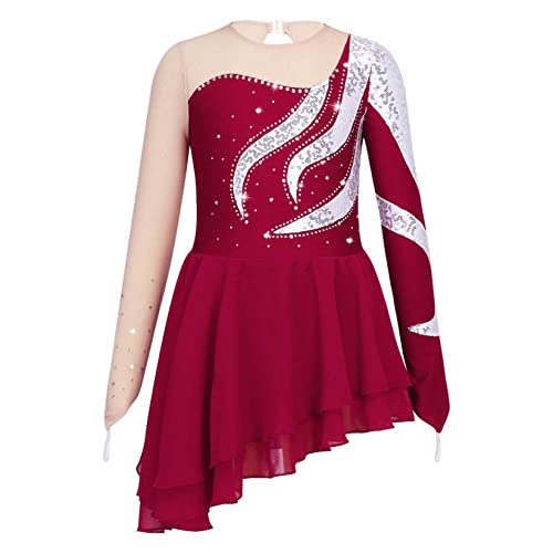 Runhomal Mädchen Langarm Eiskunstlauf-Kleid Pailletten Tanzkleid Skaterkleid Rundhals Ballettkleid Ballettkleidung Turnbody Balletttrikot mit Chiffon Tanzrock Rot 170-176 von Runhomal