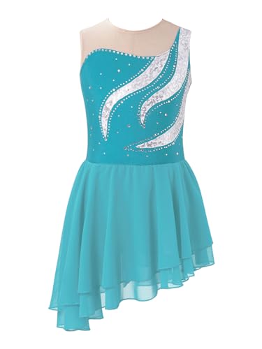 Runhomal Mädchen Pailletten Skating Tanzkleid Langarm Eiskunstlauf-Kleid Ballettkleid Strass Ballett Trikot Leotard Turnbody mit Chiffon Tutu Rock Tanzkleidung D Türkis 134-140 von Runhomal