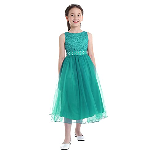 Runhomal Mädchen Pailletten Spitze Mesh Blumenmädchen Kleid Prinzessin Festzug Hochzeit Brautjungfer Geburtstag Partykleid Grün 152 von Runhomal