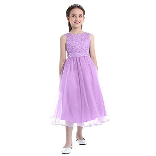 Runhomal Mädchen Pailletten Spitze Mesh Blumenmädchen Kleid Prinzessin Festzug Hochzeit Brautjungfer Geburtstag Partykleid Lavender 152 von Runhomal