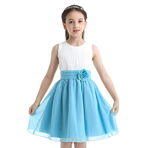 Runhomal Mädchen Prinzessin Kleid Blumenmädchenkleid Festlich Chiffon Partykleid Brautjungfer Tüllkleider Hochzeits Geburtstag Kleid Festzug Weiß&Hellblau 122-128 von Runhomal