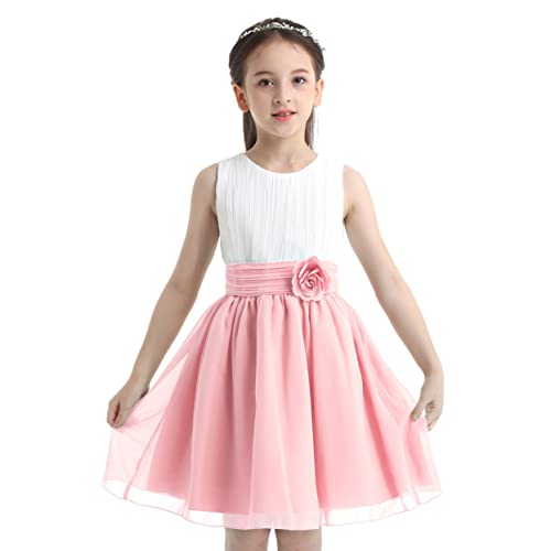 Runhomal Mädchen Prinzessin Kleid Blumenmädchenkleid Festlich Chiffon Partykleid Brautjungfer Tüllkleider Hochzeits Geburtstag Kleid Festzug Weiß&Rosa 110-116 von Runhomal