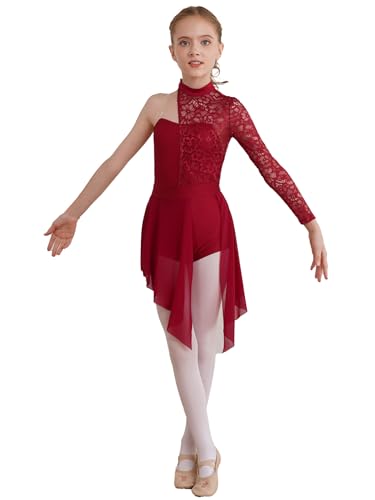 Runhomal Mädchen Spitze Tanzkleider Lyrical Ballettkleid Ballettkleidung Einteiler Turnanzug Gymnastik Jumpsuit Trikot Body mit Tutu Rock Tanzkleidung Burgundy 146-152 von Runhomal