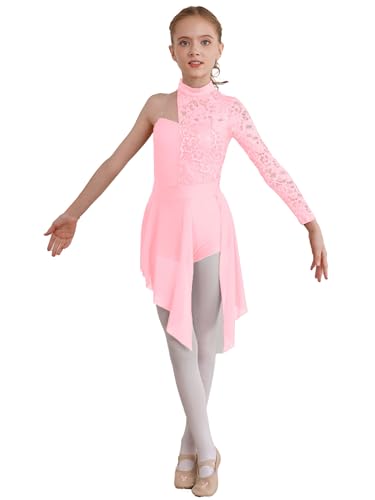 Runhomal Mädchen Spitze Tanzkleider Lyrical Ballettkleid Ballettkleidung Einteiler Turnanzug Gymnastik Jumpsuit Trikot Body mit Tutu Rock Tanzkleidung Rosa 146-152 von Runhomal