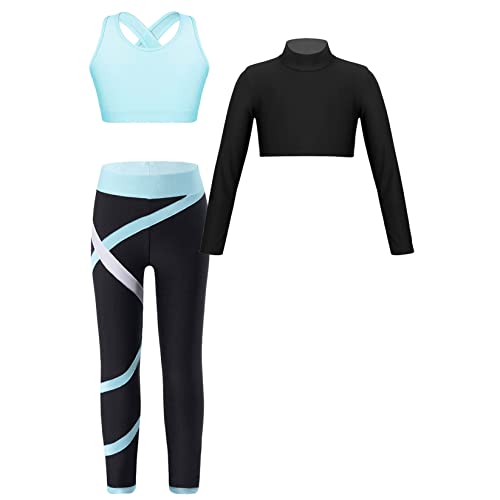 Runhomal Mädchen Sport Kleidung Set Zweiteiler Langarm Crop Top + Sport BH Oberteil + Yogahose Leggings Sporthose Jogginganzug Trainingsanzug Hellblau 134-140 von Runhomal