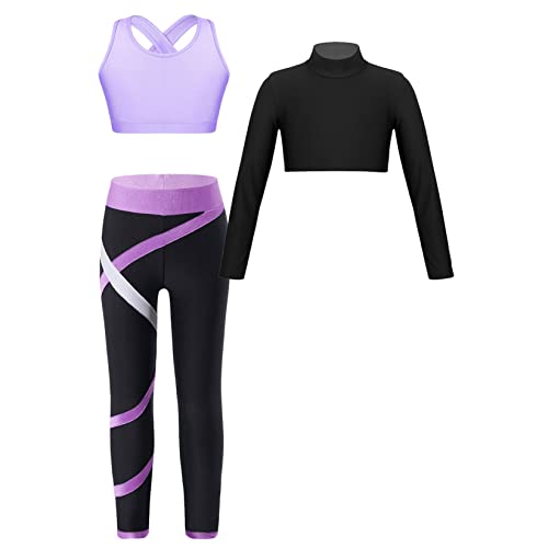 Runhomal Mädchen Sport Kleidung Set Zweiteiler Langarm Crop Top + Sport BH Oberteil + Yogahose Leggings Sporthose Jogginganzug Trainingsanzug Lavender 122-128 von Runhomal