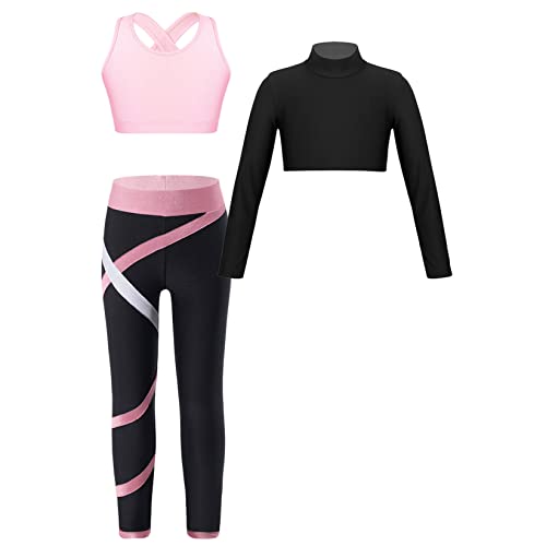 Runhomal Mädchen Sport Kleidung Set Zweiteiler Langarm Crop Top + Sport BH Oberteil + Yogahose Leggings Sporthose Jogginganzug Trainingsanzug Rosa 122-128 von Runhomal