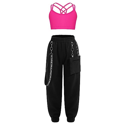 Runhomal Mädchen Sportanzug Hip Hop Coolgirls Crop Top mit Hosen Sporthose Jogginganzug Trainingsanzug Kinder Jazz Kleidung Streetwear Hot Rosa 146-152 von Runhomal