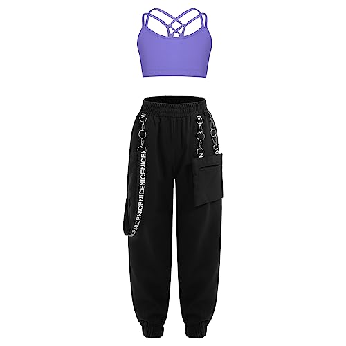 Runhomal Mädchen Sportanzug Hip Hop Coolgirls Crop Top mit Hosen Sporthose Jogginganzug Trainingsanzug Kinder Jazz Kleidung Streetwear Lavendel 158-164 von Runhomal