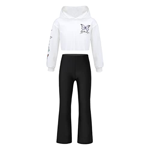 Runhomal Mädchen Tanzkleidung Zweiteiler Kapuzenshirt Sweatshirt Locker Hosen Schlaghose Trainingsanzug Jogginganzug Sportbekleidung Weiß 122-128 von Runhomal