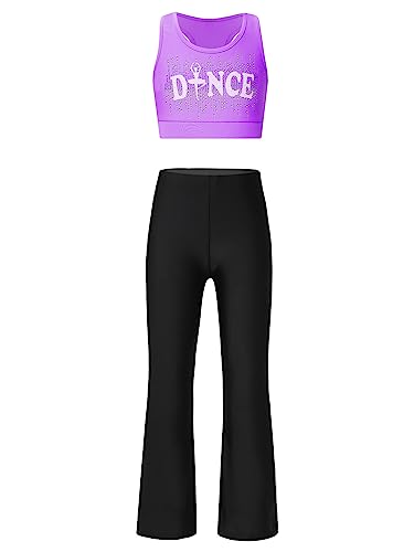 Runhomal Trainingsanzug Mädchen Hip-Hop Kleidung Set Jogginganzug Ärmellos Crop Top Tanktop Sport BH mit Hose Schlaghose Sportbekleidung Violett 110-116 von Runhomal