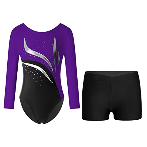 Runhomal Turnanzug Mädchen Gymnastikanzug Kinder Glänzende Ballettbody Gymnastikbody Langzrm Trikot Leotard Top mit Strass Shorts Ballettanzug Tanzbekleidung Dancewear I Lila & Schwarz 146-152 von Runhomal