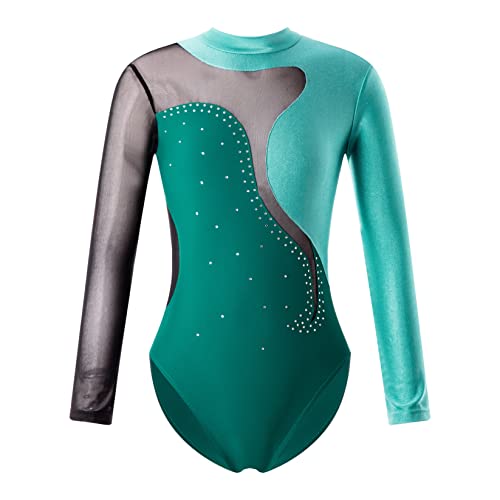 Runhomal Turnanzug Mädchen Langarm Glitzernde Kinder Gymnastikanzug Rundhals Ballettbody Turnbody Klassisch Trikotanzug Dancewear 3-16 Jahre Grün 158-164 von Runhomal