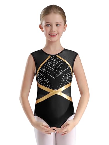 Runhomal Turnanzug Mädchen Metallic Tanz Trikot Leotard ärmellos Gymnastikanzug Kinder Turnbody Gymnastiktrikot Turntrikot Balletttrikot Ballettanzug B Schwarz 146-152 von Runhomal