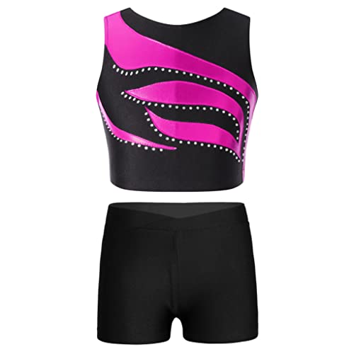 Runhomal Turnanzug Mädchen Zweiteiler Tanzkleidung Gymnastikanzug Glänzende Crop Top Kurz Oberteil Shorts Tanzshorts für Tanz Gymnastik Fitness Rosa 122-128 von Runhomal