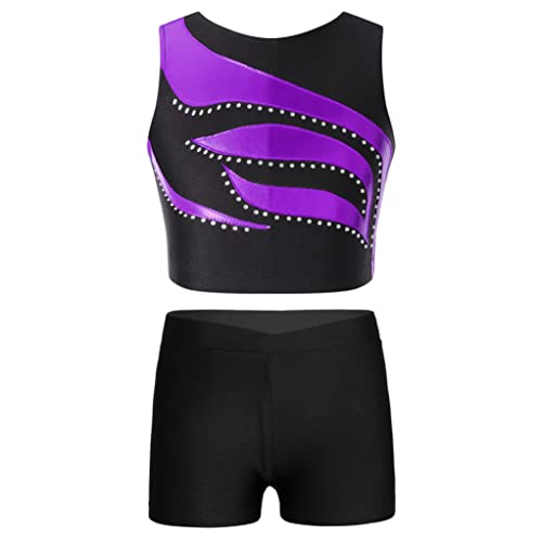 Runhomal Turnanzug Mädchen Zweiteiler Tanzkleidung Gymnastikanzug Glänzende Crop Top Kurz Oberteil Shorts Tanzshorts für Tanz Gymnastik Fitness Violett 134-140 von Runhomal