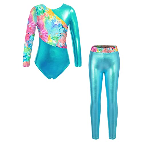 Runhomal Zweiteilige Turnanzug Mädchen Gymnastikanzug Metallisch Ballettbody Tanzbody + Tanzhose Leggings Strumpfhose Ballettkleidung Grün 110-116 von Runhomal