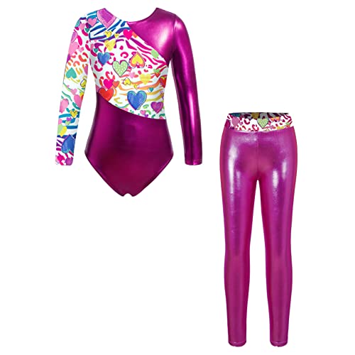 Runhomal Zweiteilige Turnanzug Mädchen Gymnastikanzug Metallisch Ballettbody Tanzbody + Tanzhose Leggings Strumpfhose Ballettkleidung Hot Rosa 122-128 von Runhomal