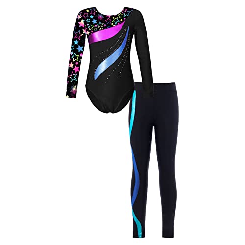 Runhomal Zweiteilige Turnanzug Mädchen Gymnastikanzug Metallisch Ballettbody Tanzbody + Tanzhose Leggings Strumpfhose Ballettkleidung Star Schwarz&Blau 134-140 von Runhomal