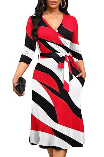 Runwind Damen Midi-Kleid, 3/4-Ärmel, V-Ausschnitt, Cocktail-Partykleid, kurviges Wickelkleid, sexy geometrisches Muster, Kleider mit Gürtel, A-rote und schwarze Streifen, Klein von Runwind