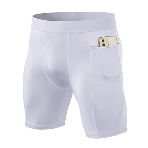 Ruowuhen Herren Funktionsshorts Kompressionsshorts mit Taschen, Herren Baselayer Unterhose Tights Kurz Laufhose Schnelltrocknendes Laufunterwäsche Weiß S von Ruowuhen