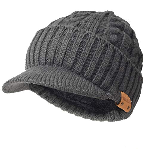 Ruphedy Herren Beanie mit Visier, Wintermütze, Strickmütze, dickes Fleece gefüttert, Newsboy Cap B5042 - Grau - MEDIUM von Ruphedy