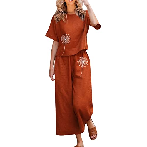 Rusaly Sommer Outfits Damen Hosenanzug Baumwolle Leinen Outfit Elegant 2 Teiler Hosenanzug Set Lässig Kurzarm Oberteil Hose Caprihose Freizeithose Trainingsanzüge Loungewear Streetwear von Rusaly