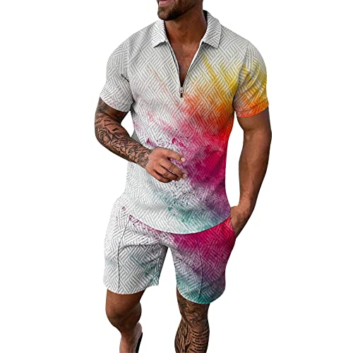 Trainingsanzug für Herren Sommer 2 Teiliges Outfit Sport Set Kurzarm T-Shirts + Kurze Hose Freizeitanzug Männer Business Hemd mit Revers Mode Sporthose Herren Jogginganzug 2 Teiliges von Rusaly