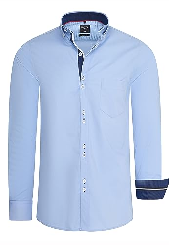 Freizeit Herren Hemd mit Ausgefallenem Knopf-Design und Eleganten Kontrast Elementen Body Fit Langarm Kent Kragen Stretch-Hemd 025, Farbe:Hell Blau, Größe S-3XL:M von Rusty Neal