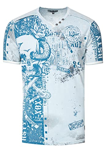 Rusty Neal Herren T-Shirt All Over Skull X Snake X Rose Print Wildleder-Band Knopf-Verzierung V-Neck Stretch Streetwear Used-Look Shirt 293, Farbe:Hell Blau, Größe S-3XL:L von Rusty Neal