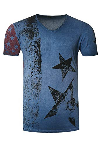 Herren T-Shirt USA Stars and Stripes V-Neck Regular Fit Rundhals Verwaschen S M L XL XXL 3XL 236, Größe S-3XL:L, Farbe:Blau von Rusty Neal