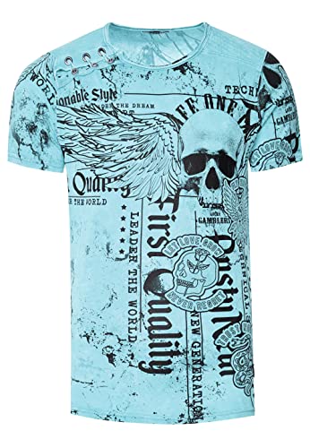 Rusty Neal Herren T-Shirt Verwaschen mit Plakativem Print 'Flying-Skull' Stretch-Shirt Streetwear-Finest mit Seitlicher-Knopfleiste 296, Farbe:Blau, Größe S-3XL:M von Rusty Neal