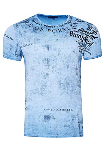 Herren T-Shirt für Männer Kurzarm Rundhals T Shirt O-Neck Regular Fit Washed & Printed 244, Farbe:Blau, Größe S-3XL:3XL von Rusty Neal