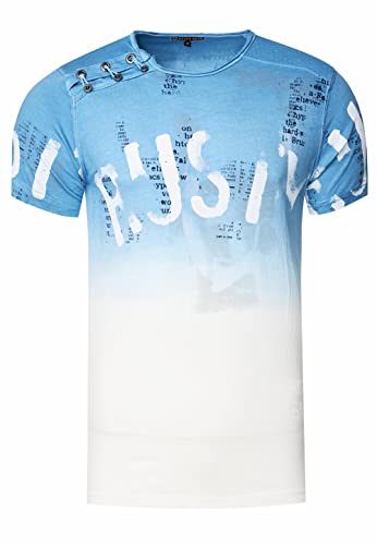 Herren T-Shirt mit Seitlicher Knopfleiste Verwaschen mit Farbverlauf Rundhals Stretch Herren-T-Shirt Casual Fit 288, Farbe:Blau, Größe S-XXL:3XL von Rusty Neal