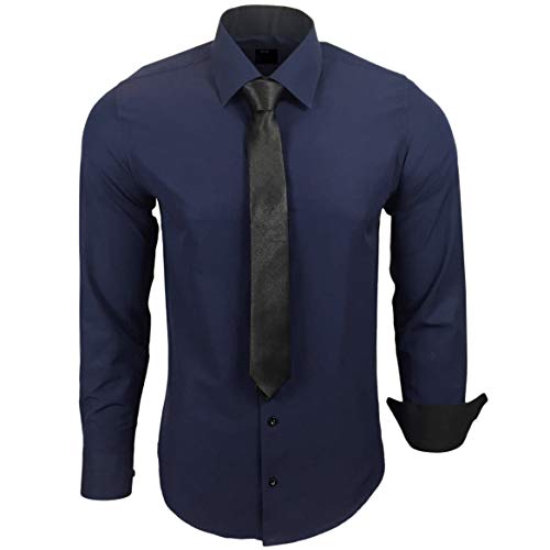 Baxboy 444-BK Herren Kontrast Hemd Business Hemden mit Krawatte Hochzeit Freizeit Fit, Farbe:Marine, Größe:L von Baxboy