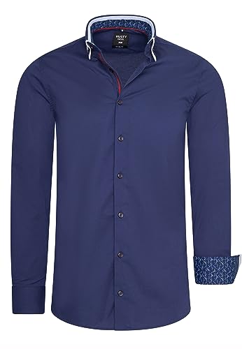 Rusty Neal Freizeit Hemd im Individuellem Kontrast Design Slim Fit Stretch Langarm mit Doppeltem Kragen 023, Farbe:Marine, Größe S-3XL:XL von Rusty Neal