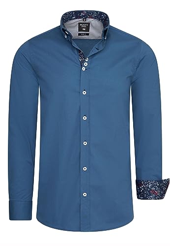 Rusty Neal Herren Freizeit-Hemd mit Lässigem Knopf-Design abgesetzt mit Blumen-Muster Stretch Langarm Slim Fit 030, Farbe:Petrol, Größe S-3XL:L von Rusty Neal