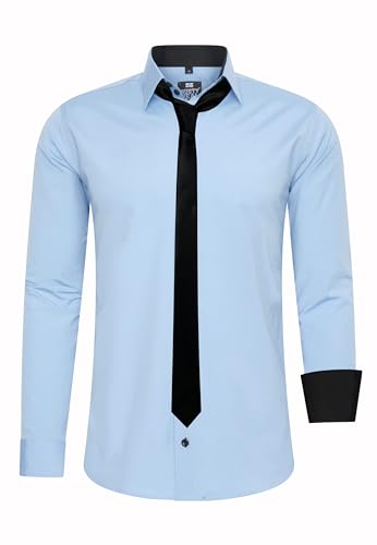 Rusty Neal Herren-Hemd Premium Slim Fit Langarm Stretch Kontrast Hemd mit Krawatte Business-Hemden Outfit Freizeithemd Set 44_99, Größe:6XL, Farbe:Hell Blau von Rusty Neal