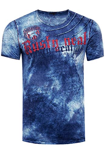 Rusty Neal T-Shirt Color Tie Dye Verwaschen in Batik-Optik Herren-Shirt mit Plakativen Front Print S M L XL XXL 3XL (Übergröße) Casual Fit Streetwear 156-1, Farbe:Blau, Größe S-3XL:XXL von Rusty Neal