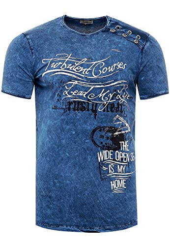 Rusty Neal T-Shirt Herren-Shirt mit Seitlicher Knopfleiste Rundhals Kurzarm Stretch Verwaschen Printed Oil-Washed 194, Farbe:Marine, Größe S-3XL:S von Rusty Neal